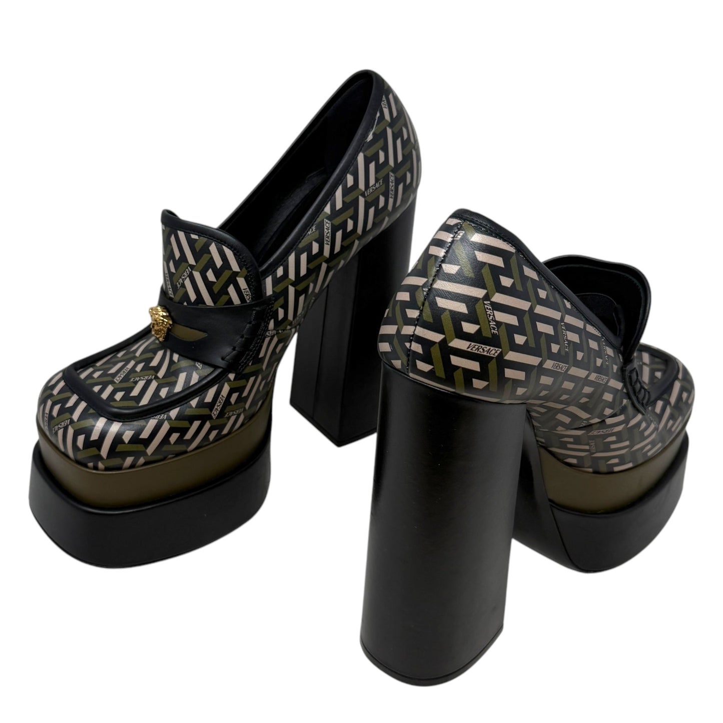 Juno La Greca Print Platform Pumps Luxury Designer By Versace In Geometric Pattern, Size: 10