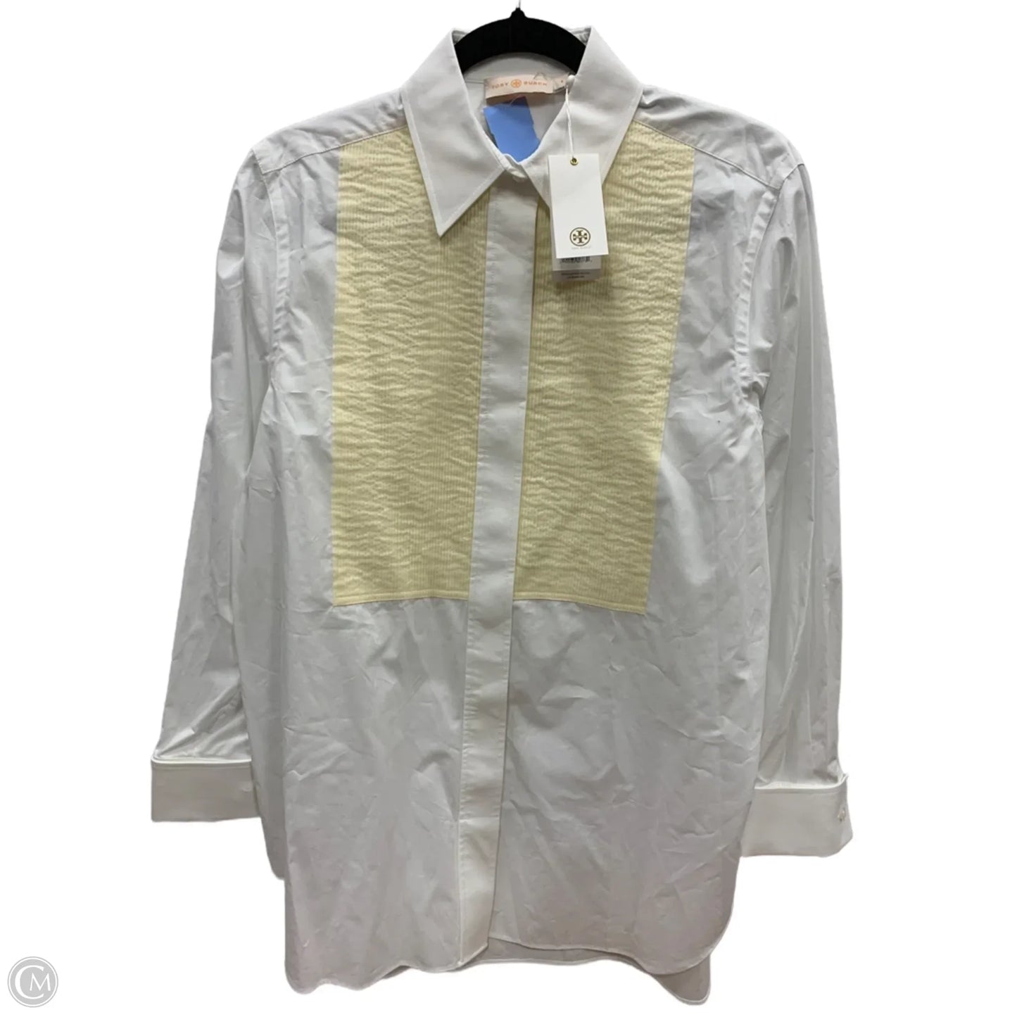 Blouse Designer By Tory Burch In White & Yellow, Size: 4