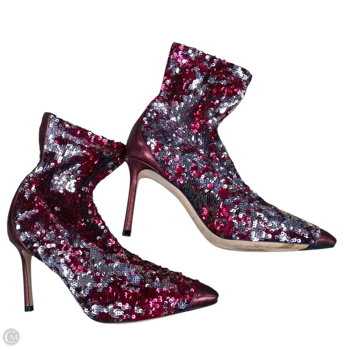 Boots Luxury Designer By Jimmy Choo In Red & Silver, Size: 5.5