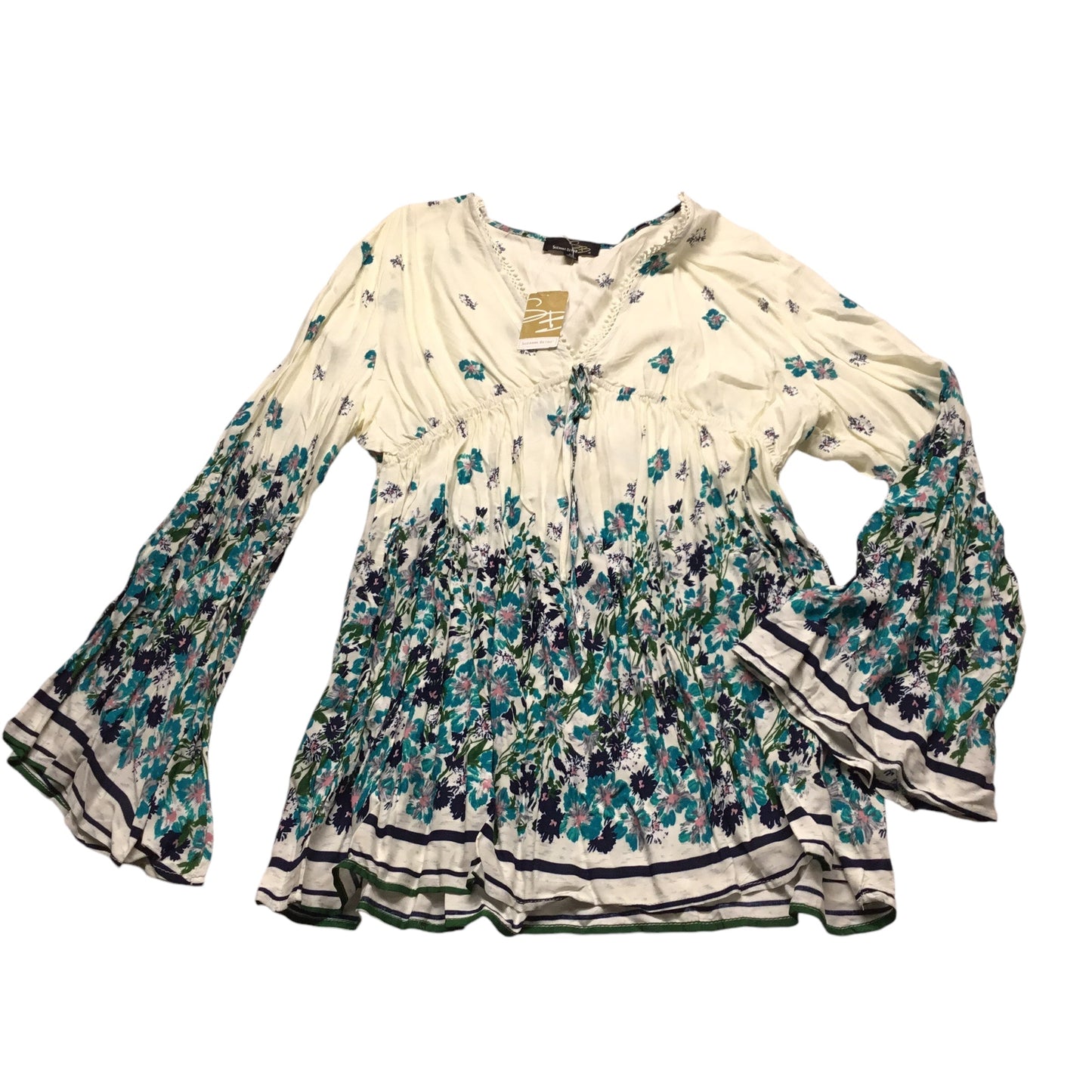 Top Long Sleeve By Suzanne Betro In Blue & Cream, Size: 2x