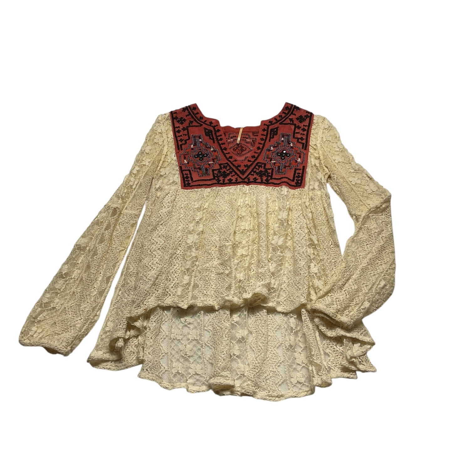 Top Long Sleeve By Free People In Cream & Red, Size: Xs