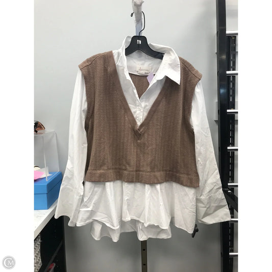 Top Long Sleeve By Anthropologie In Tan & White, Size: M