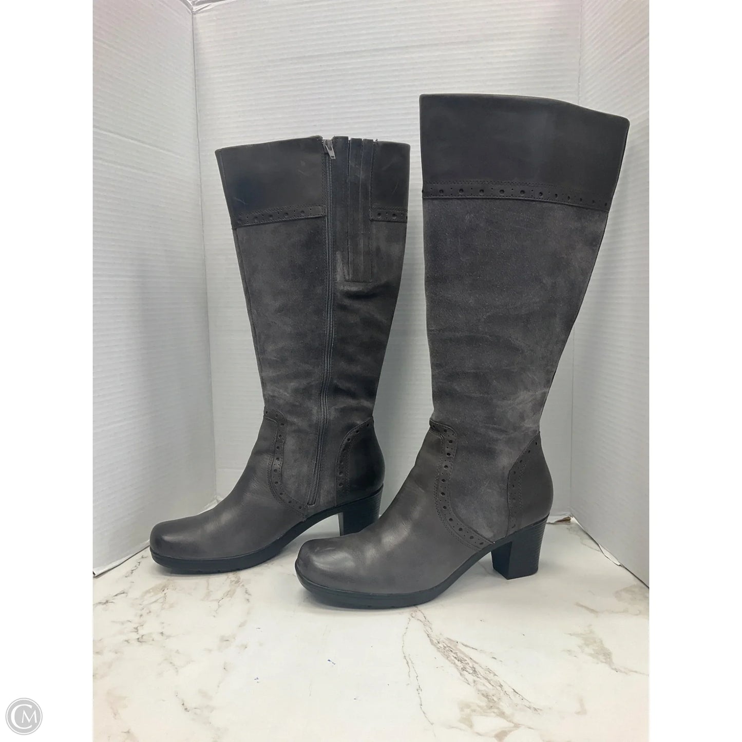 Boots Knee Heels By Clarks In Grey, Size: 11