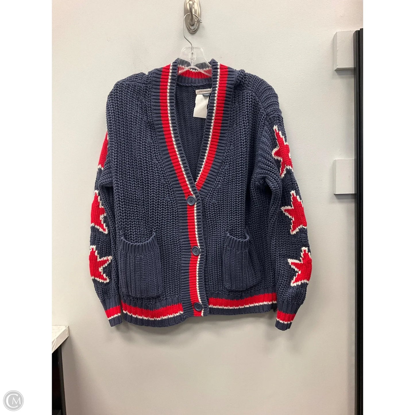 Sweater Cardigan By American Eagle In Blue & Red & White, Size: Xs