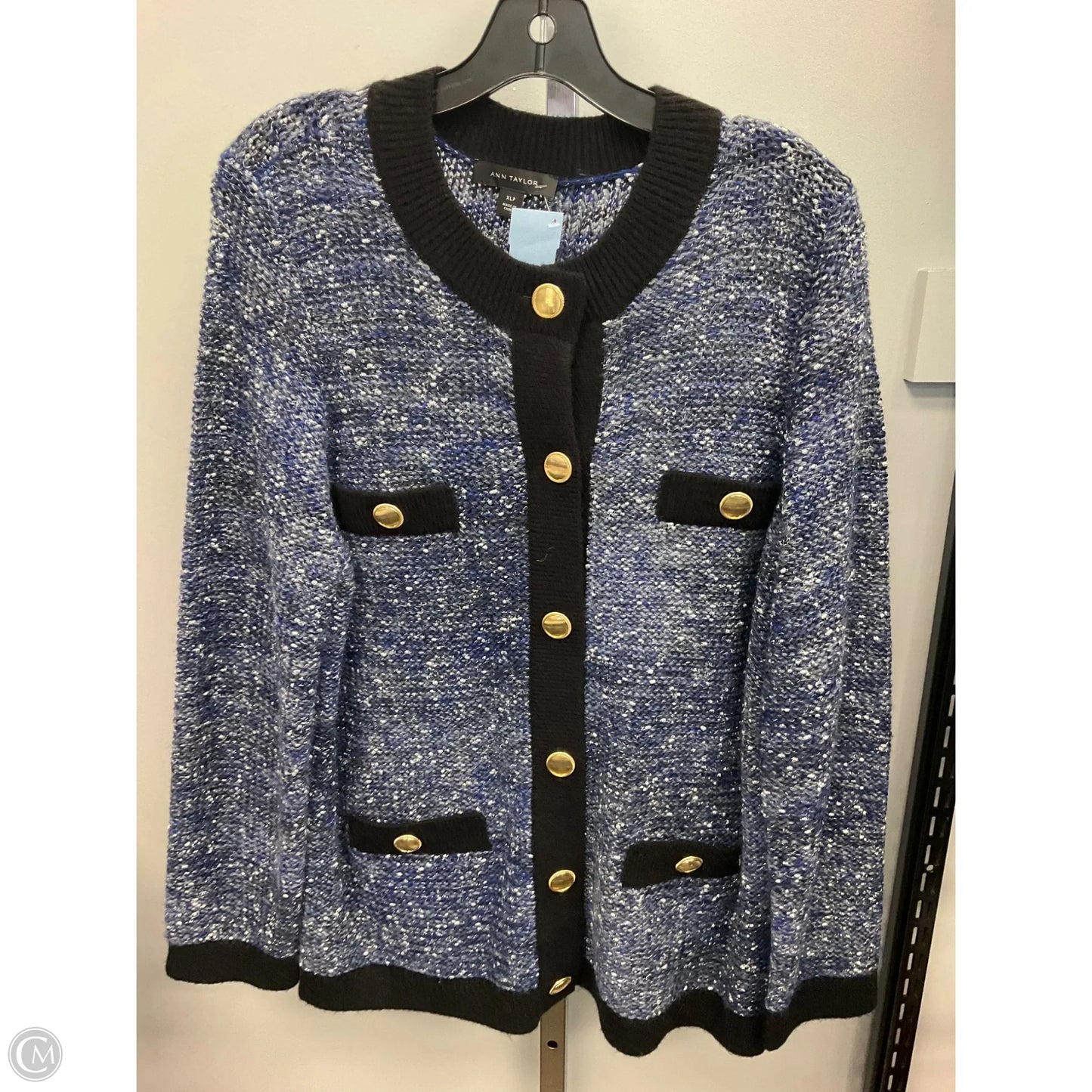 Sweater Cardigan By Ann Taylor In Black & Blue, Size: Xlp