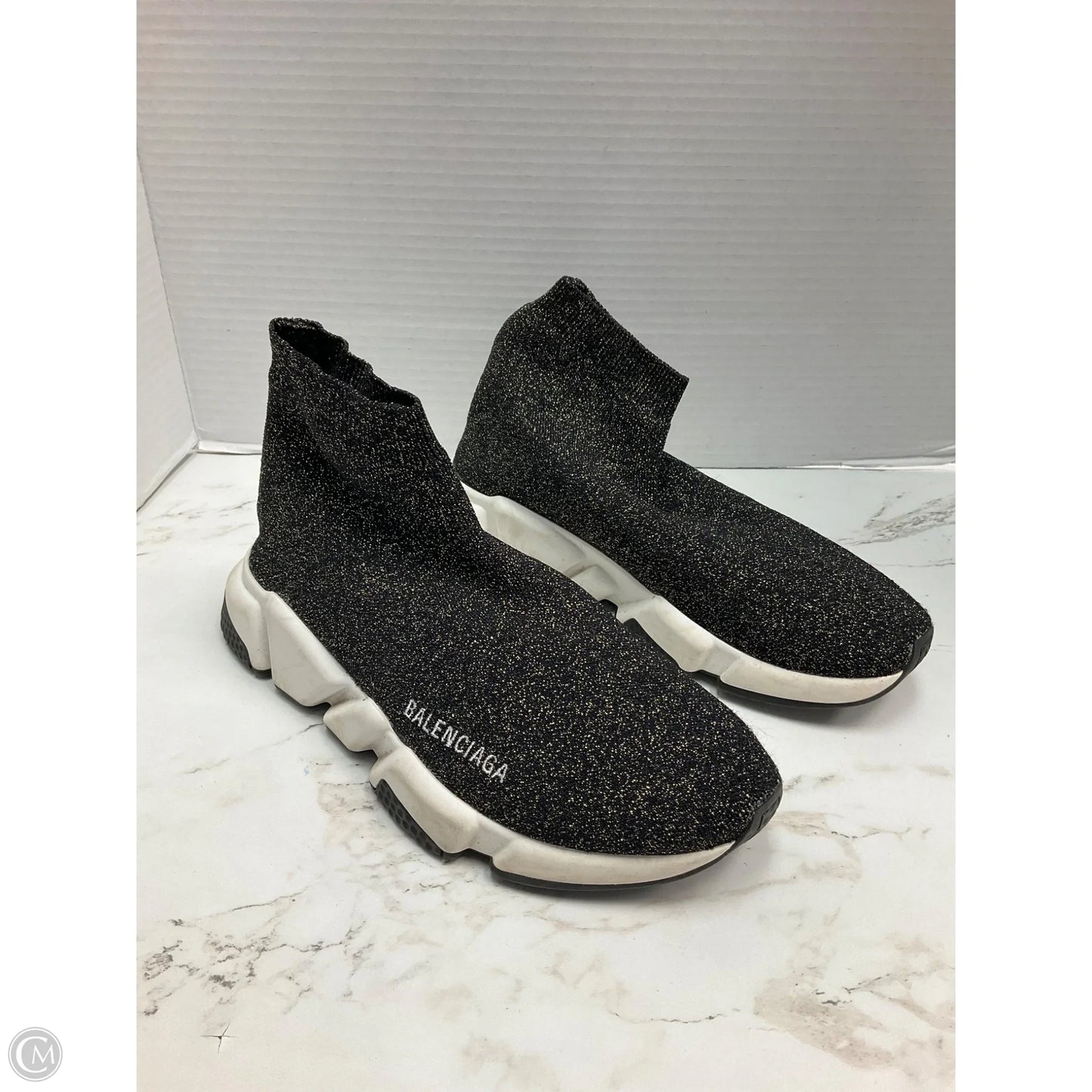 Shoes Luxury Designer By Balenciaga In Black & Gold, Size: 8