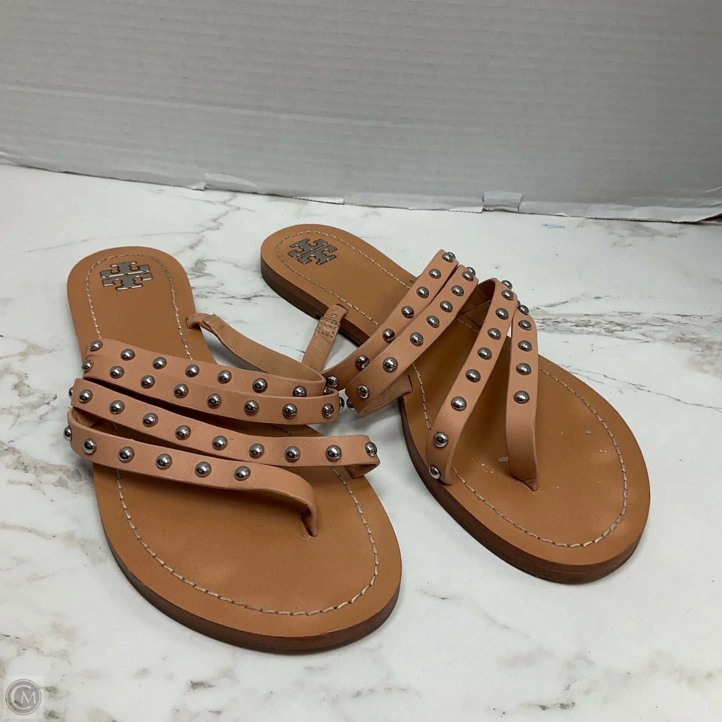 Sandals Designer By Tory Burch In Cream & Silver, Size: 9