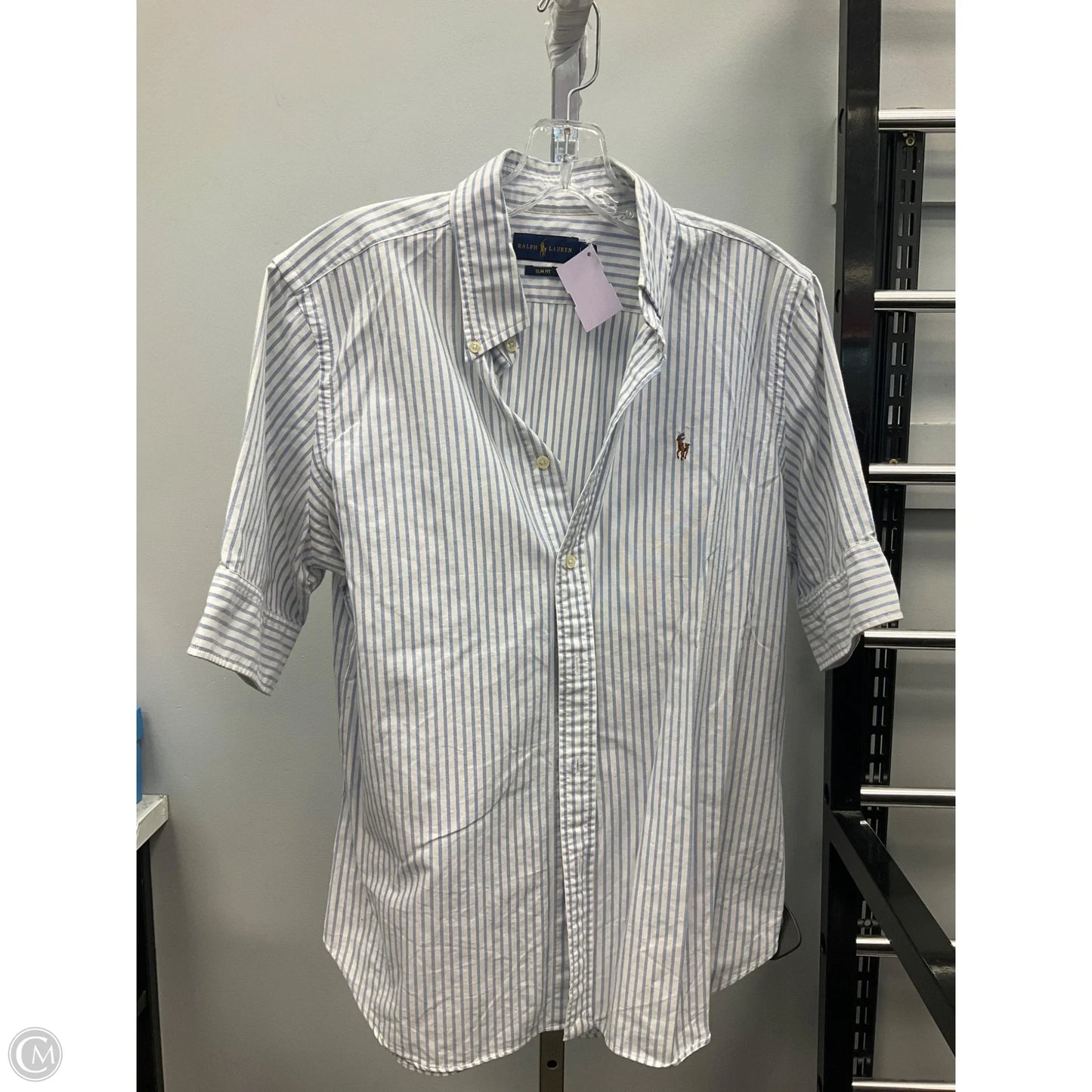 Top Short Sleeve By Ralph Lauren In Blue & White, Size: L