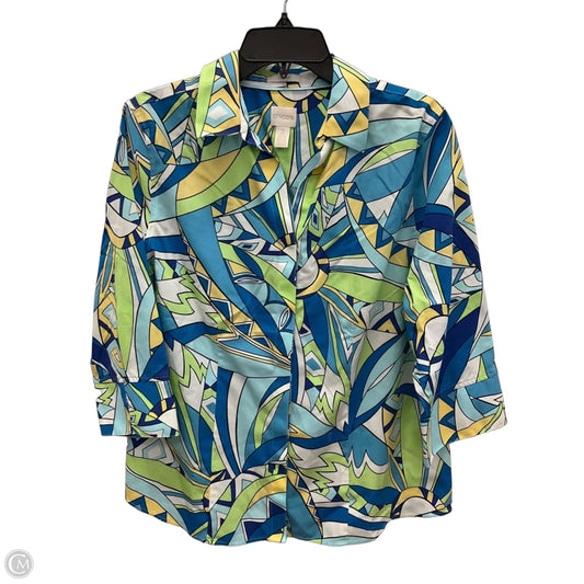 Blouse 3/4 Sleeve By Chicos In Blue & Yellow, Size: L