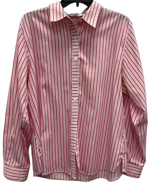 Blouse Long Sleeve By Foxcroft In Pink & White, Size: Xl