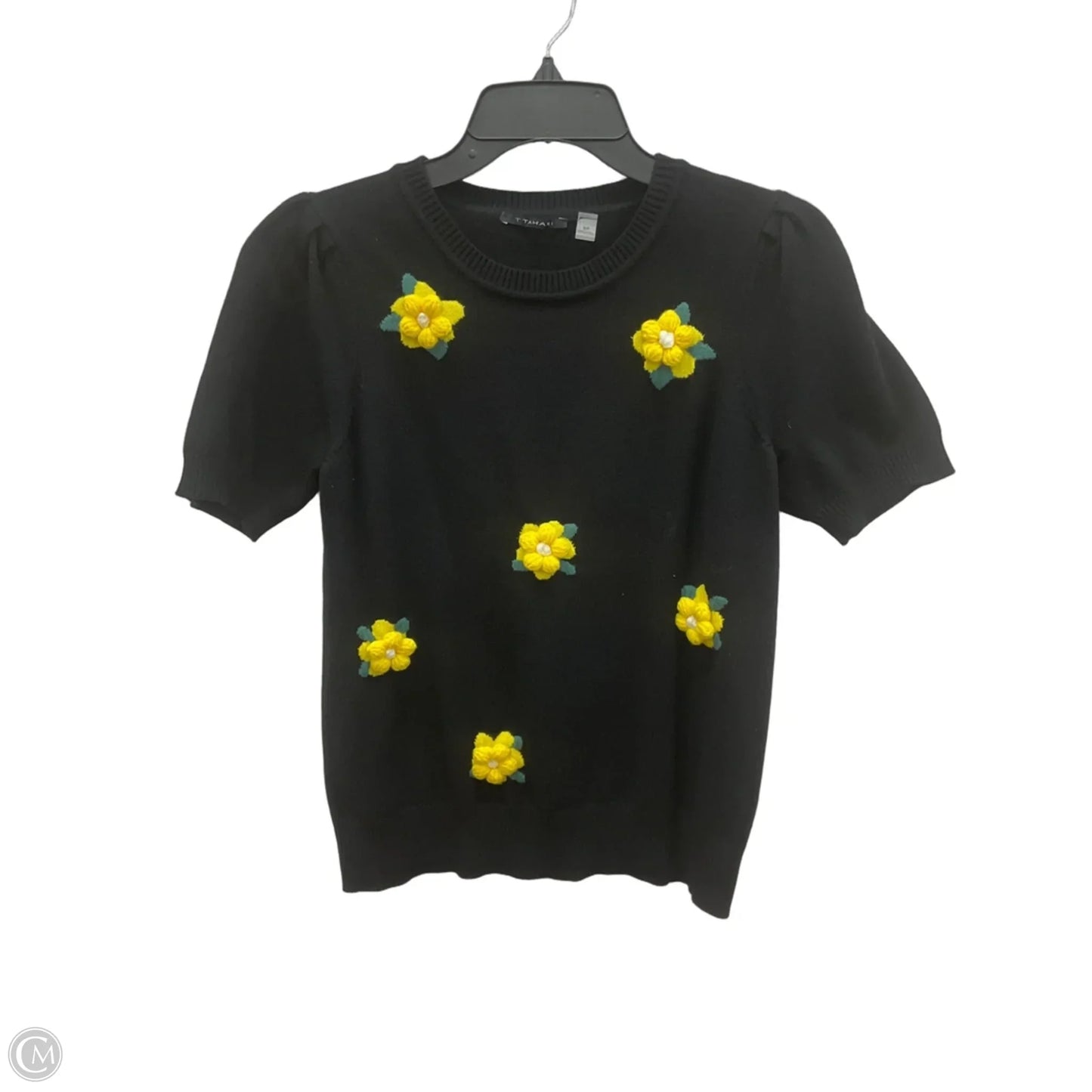 Top Short Sleeve By Tahari In Black & Yellow, Size: S