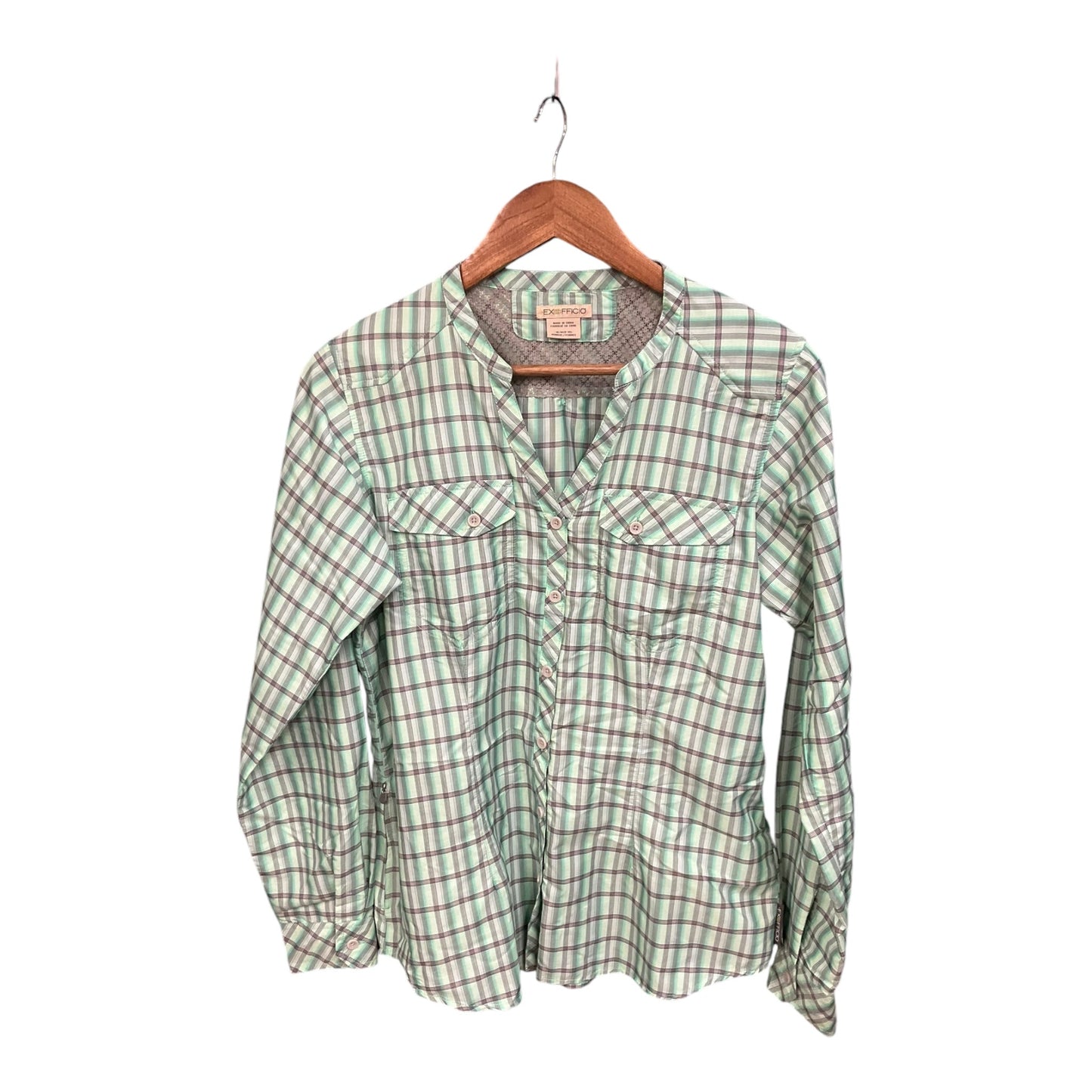 Blouse Long Sleeve By Exofficio In Plaid Pattern, Size: M