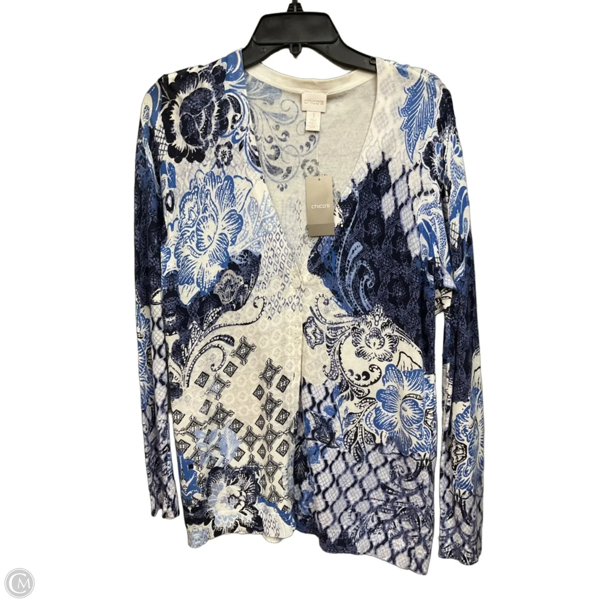 Cardigan By Chicos In Blue & White, Size: M