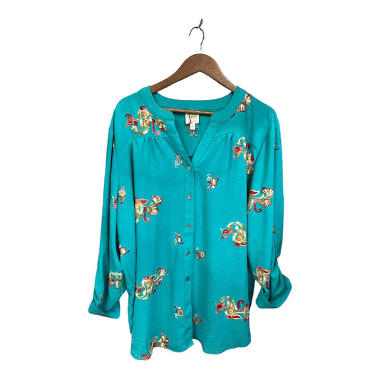 Blouse Long Sleeve By Figuero & Flower In Teal, Size: 3x