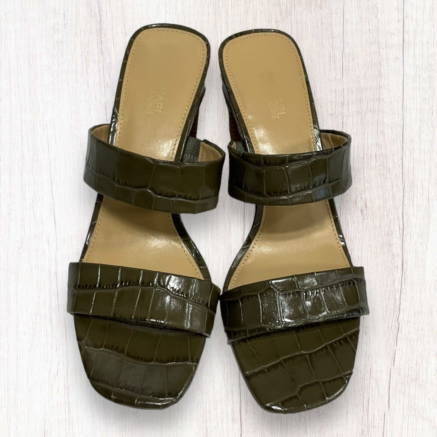 Green Sandals Heels Block Michael By Michael Kors, Size 8.5