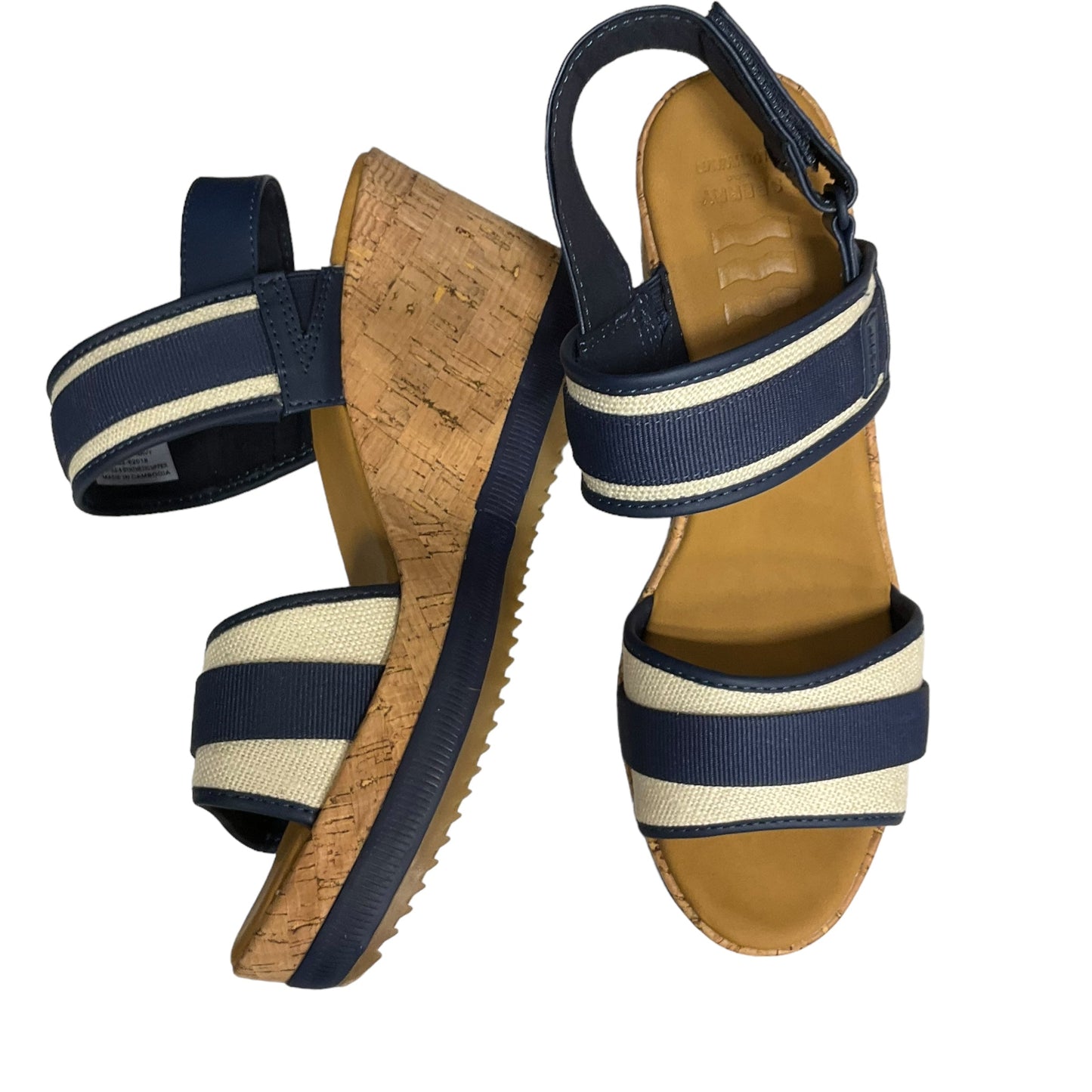 Blue & Tan Sandals Heels Wedge Sperry, Size 10