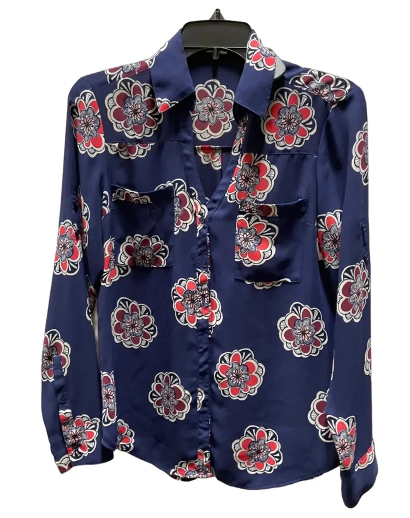 Blouse Long Sleeve By Express In Blue & Red, Size: S