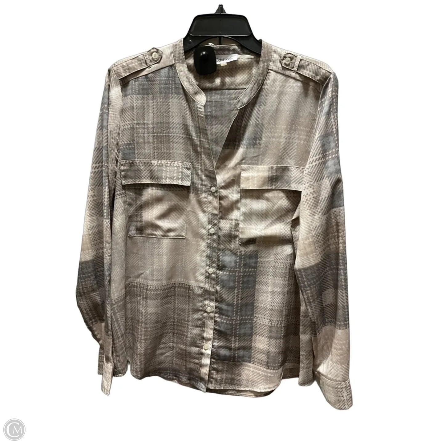 Blouse Long Sleeve By Calvin Klein In Plaid Pattern, Size: L