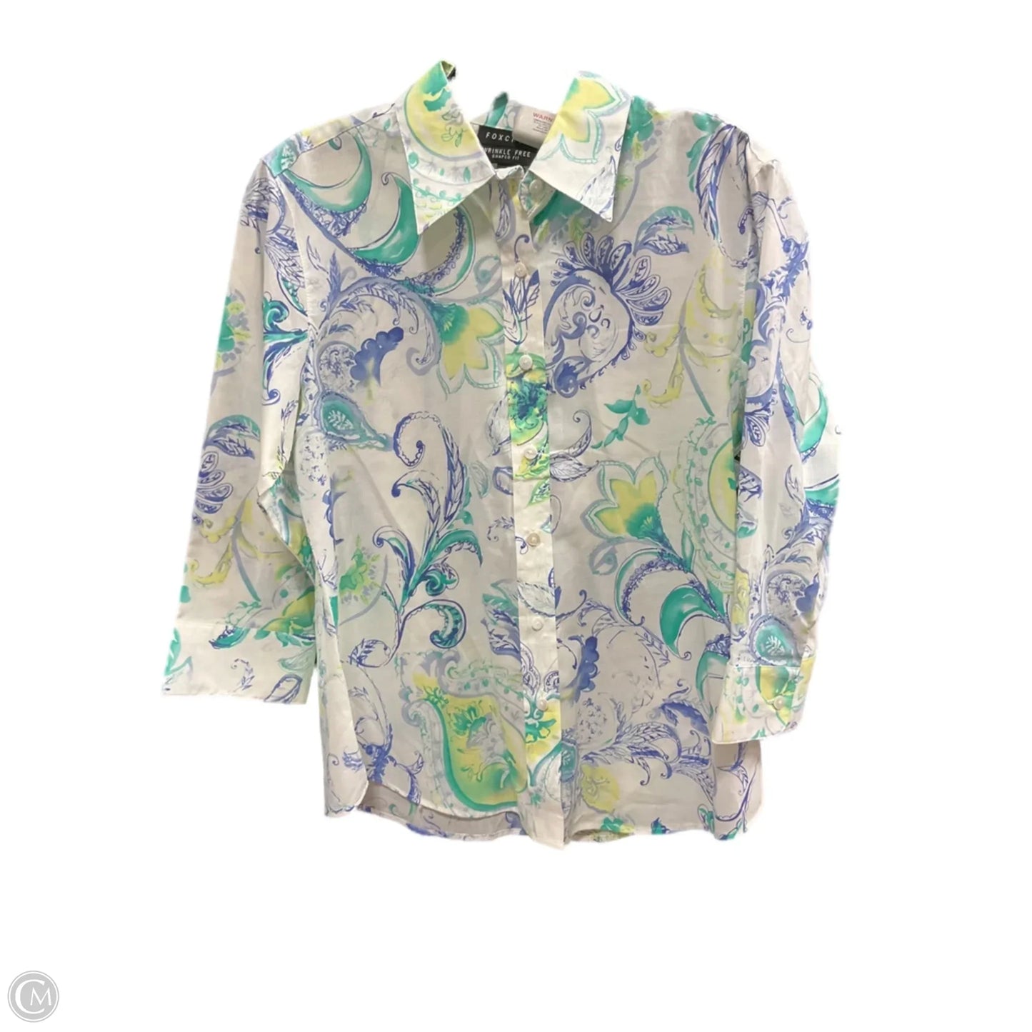 Blouse Long Sleeve By Foxcroft In Green & White, Size: 4