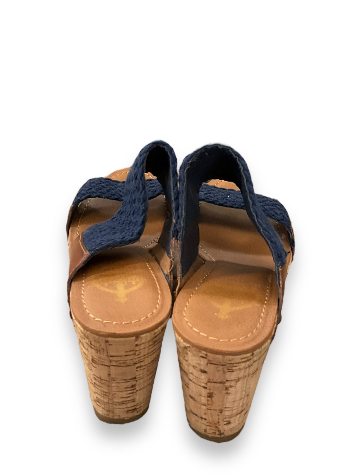 Blue & Brown Sandals Heels Wedge Crown Vintage, Size 6