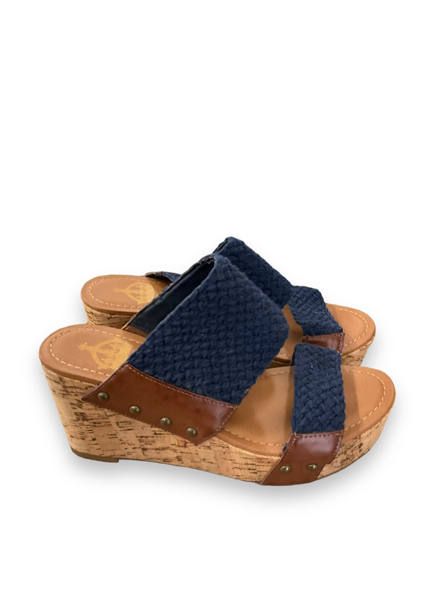 Blue & Brown Sandals Heels Wedge Crown Vintage, Size 6