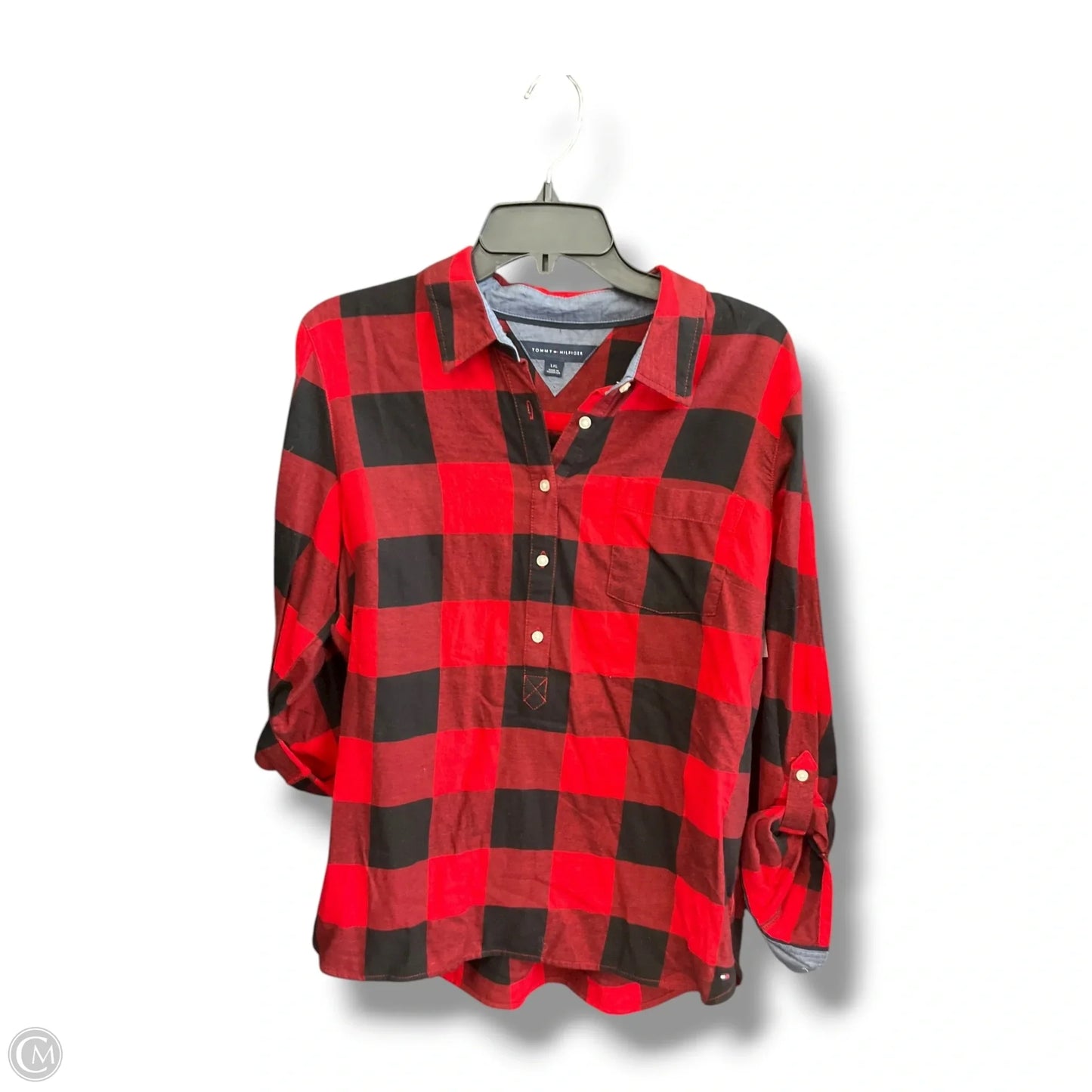 Blouse Long Sleeve By Tommy Hilfiger In Plaid Pattern, Size: L