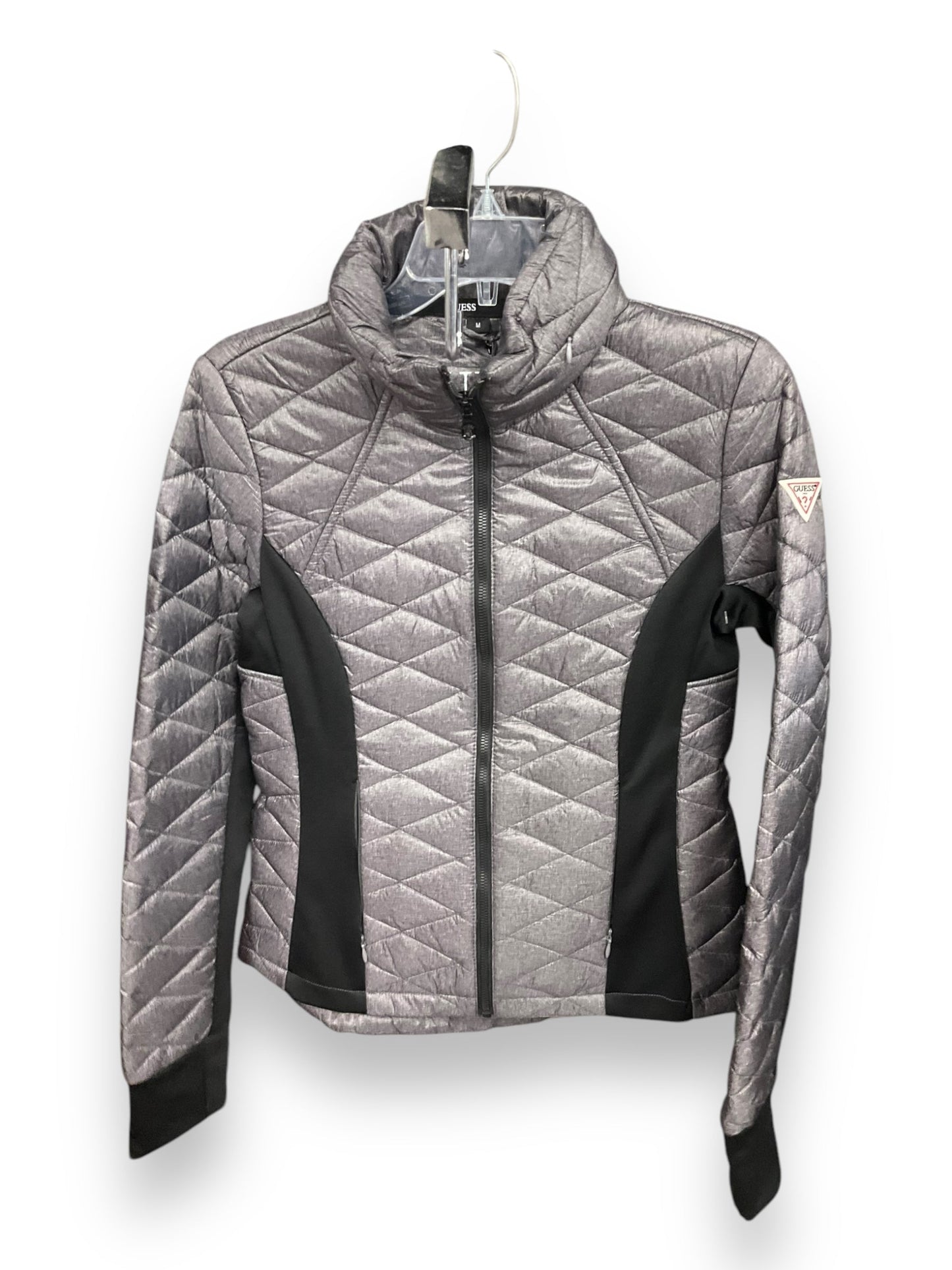 Jacket Puffer & Quilted By Guess In Black & Grey, Size: M