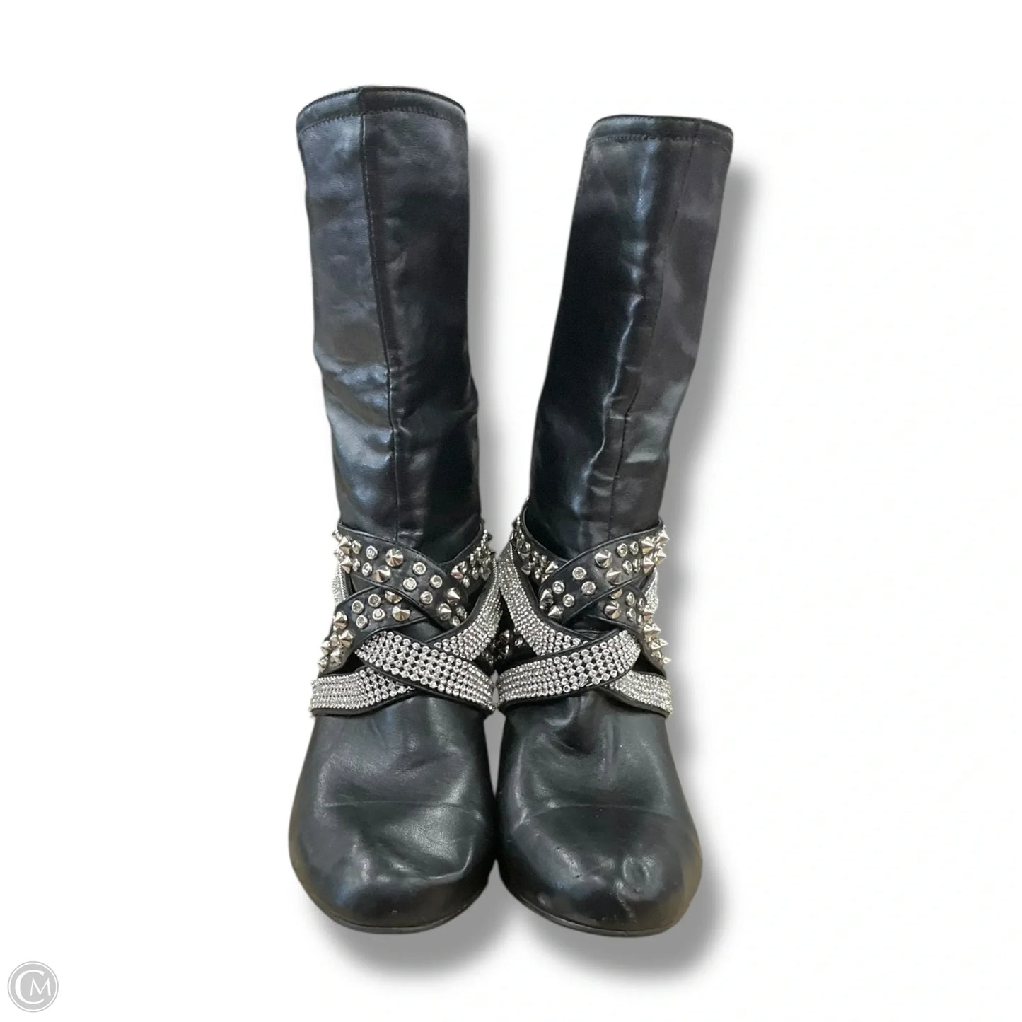 Boots Mid-calf Heels By Clothes Mentor In Black & Silver, Size: 11