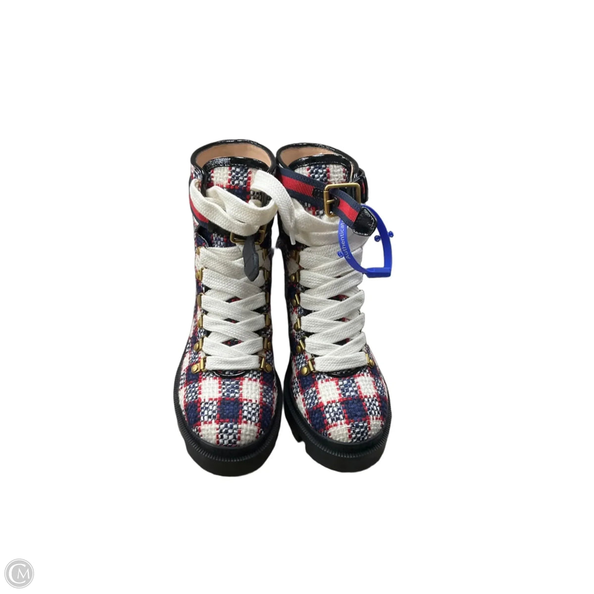 Boots Luxury Designer By Gucci In Plaid Pattern, Size: 7