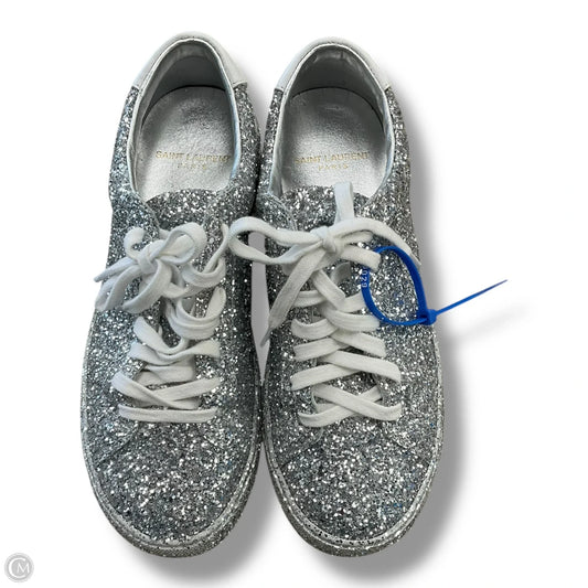 Shoes Luxury Designer By Yves Saint Laurent In Silver, Size: 5.5
