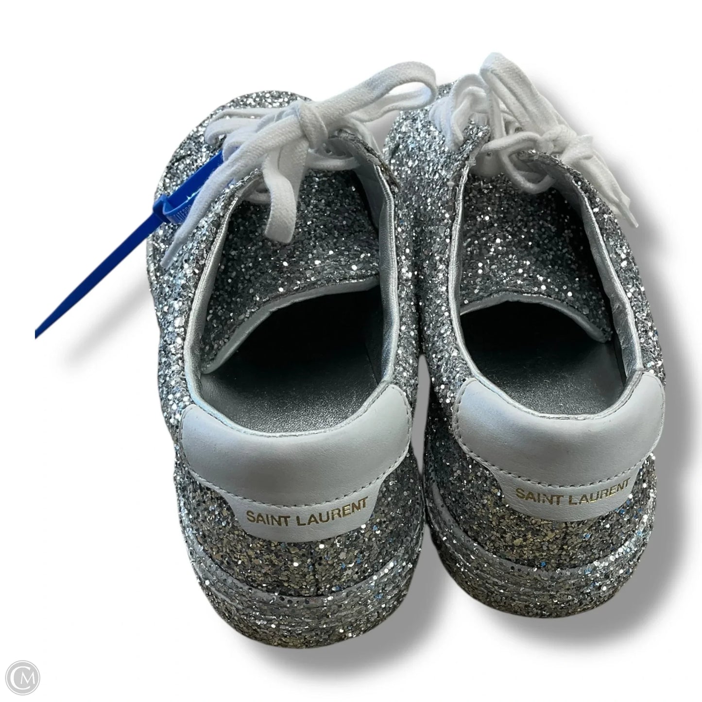 Shoes Luxury Designer By Yves Saint Laurent In Silver, Size: 5.5