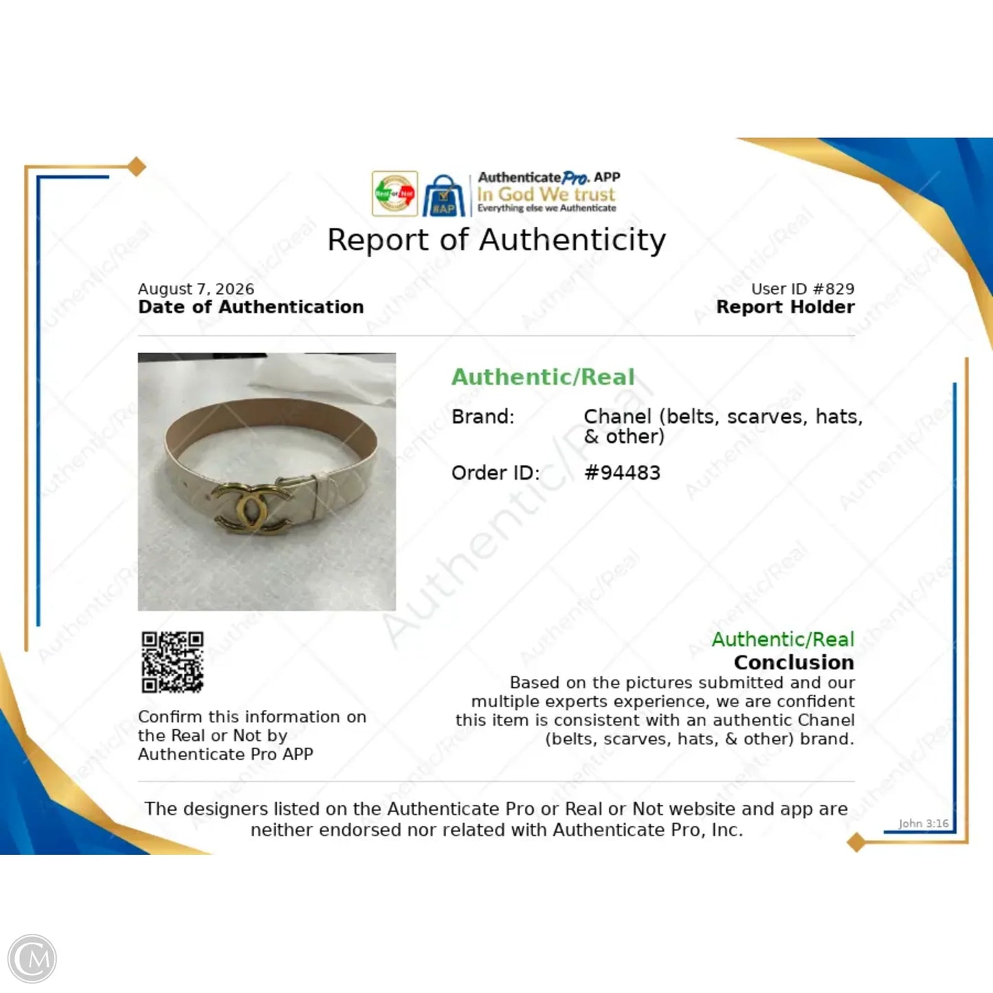 Belt Luxury Designer By Chanel, Size: