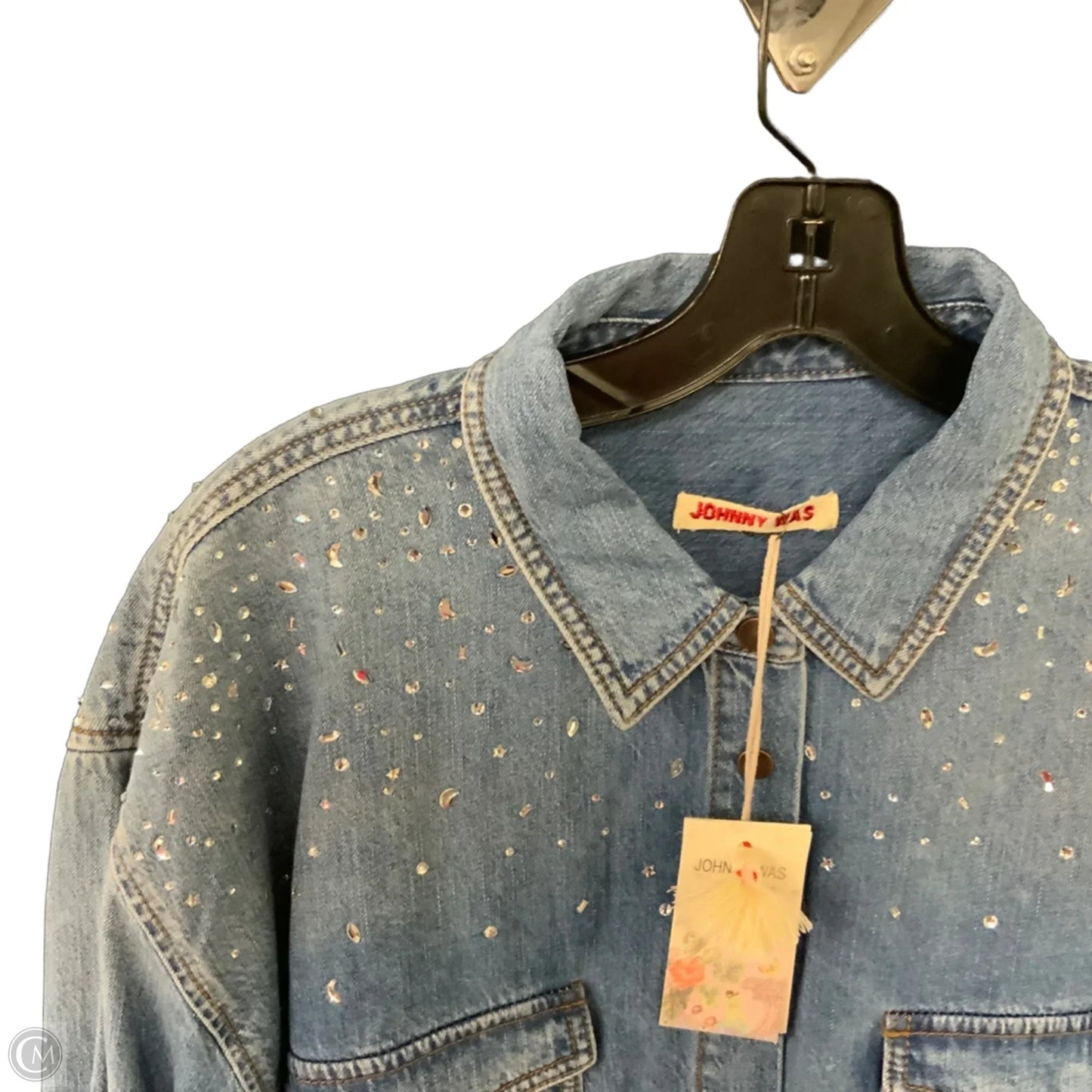 Jacket Shirt By Johnny Was In Blue Denim, Size: L
