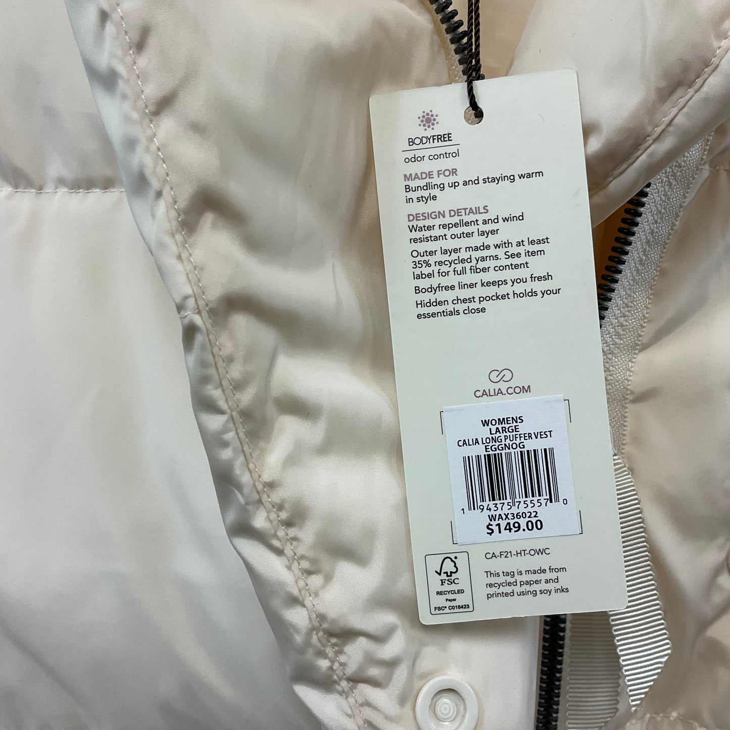 Vest Puffer & Quilted By Calia In Cream, Size: L