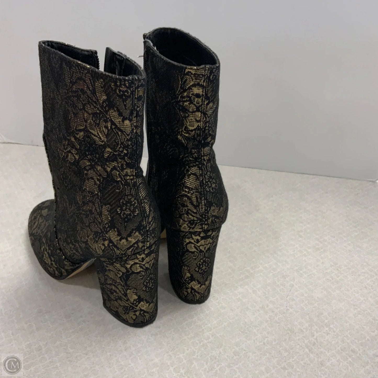 Boots Ankle Heels By Marc Fisher In Black & Gold, Size: 7.5