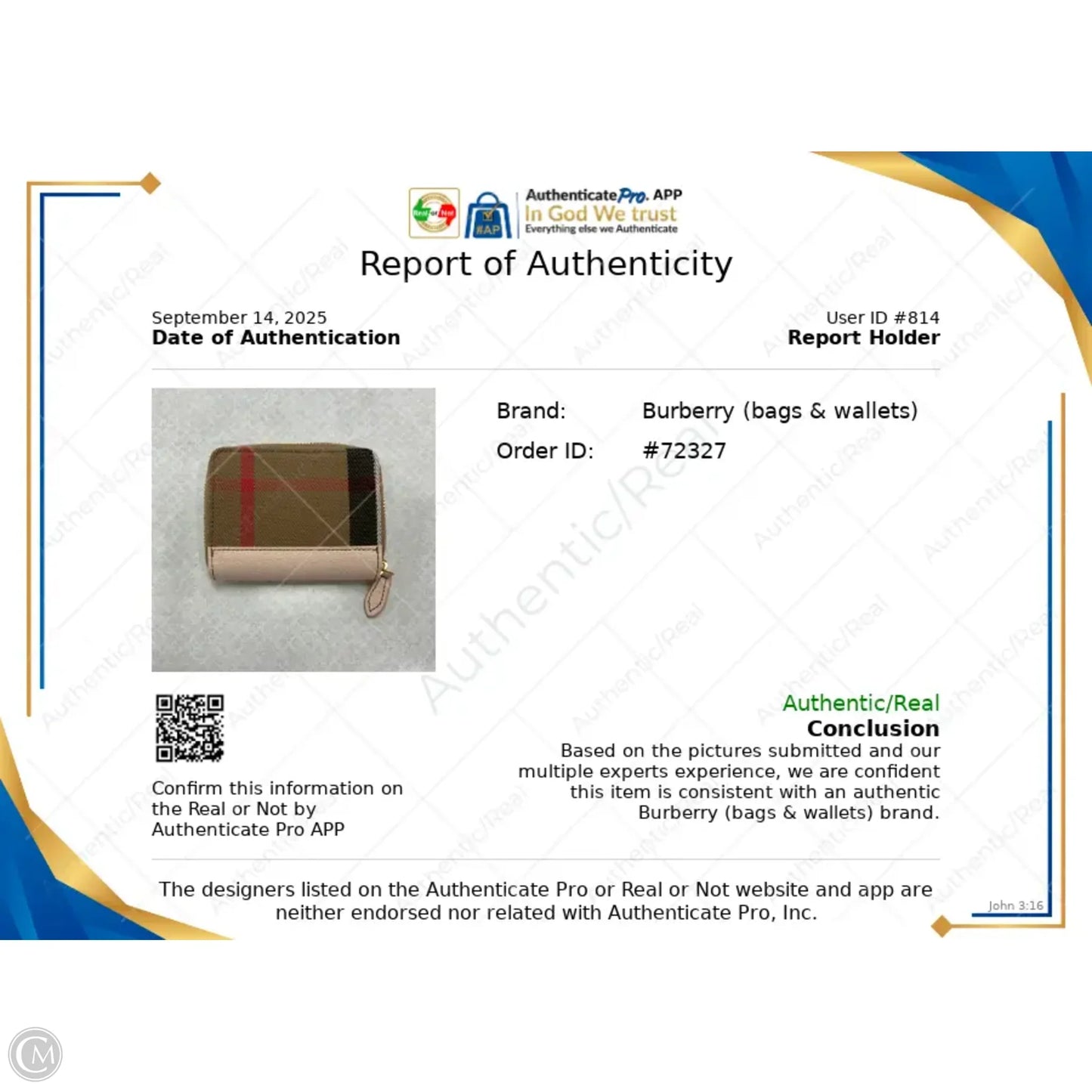 Wallet Luxury Designer By Burberry, Size: Small