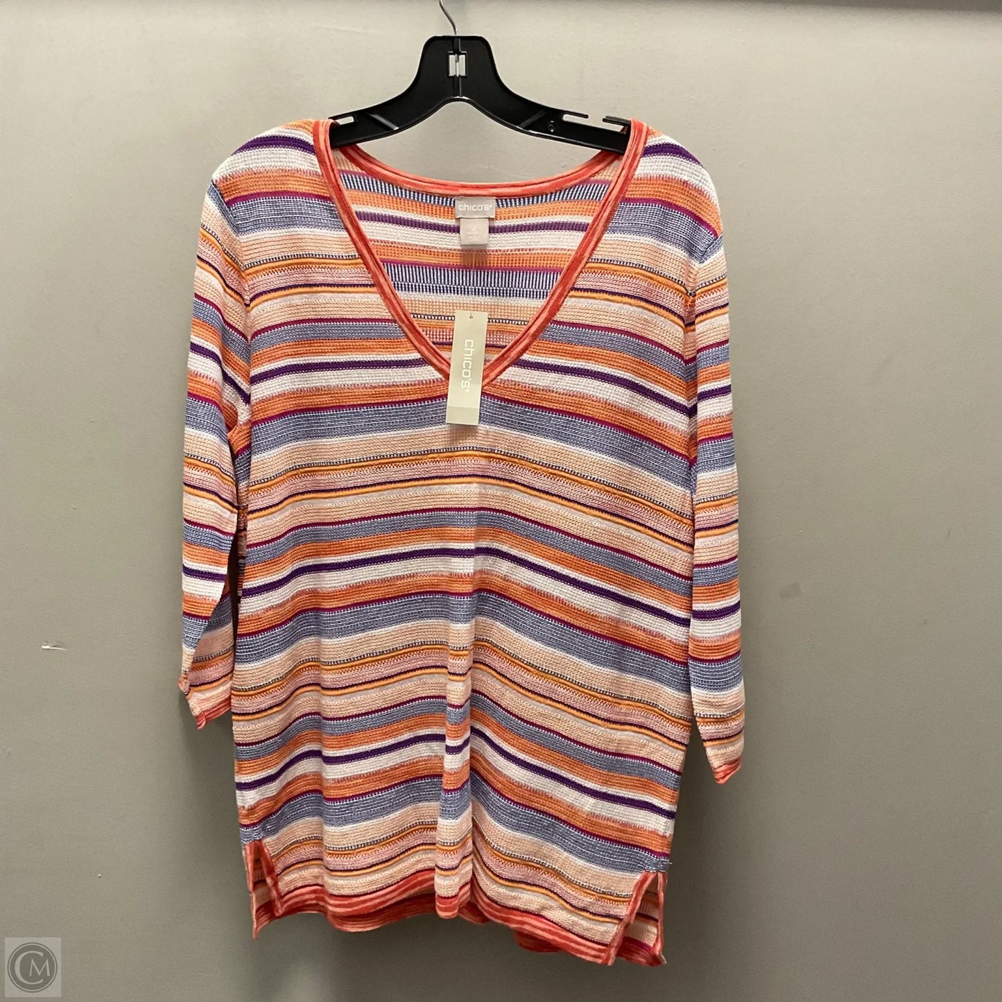 Top 3/4 Sleeve By Chicos In Orange & Red, Size: L
