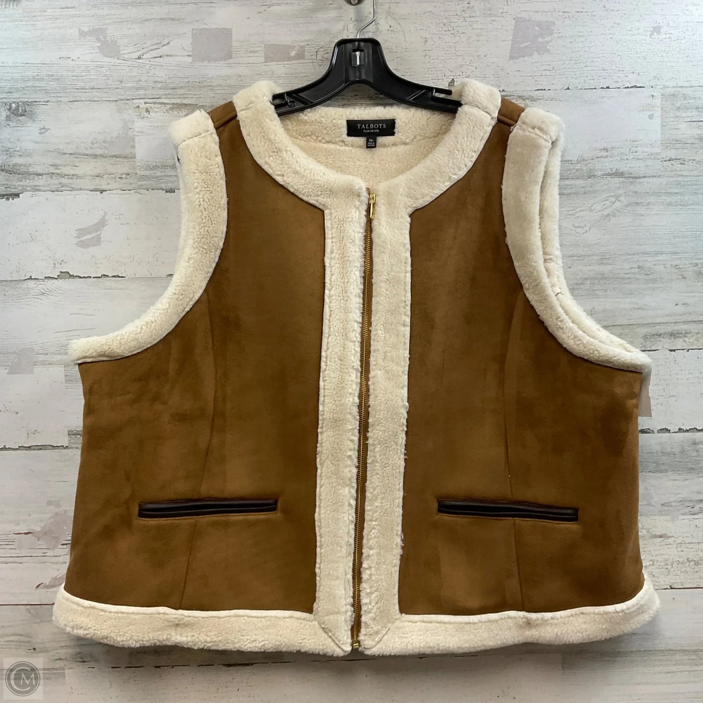 Vest Faux Fur & Sherpa By Talbots In Brown & Cream, Size: 3x