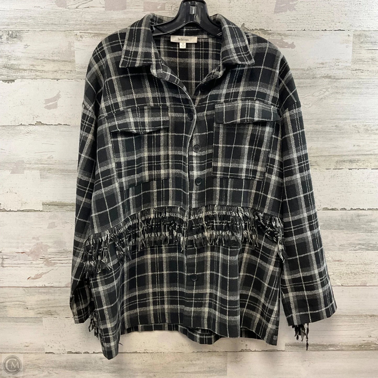 Jacket Shirt By LA LAVON In Black & Cream, Size: M