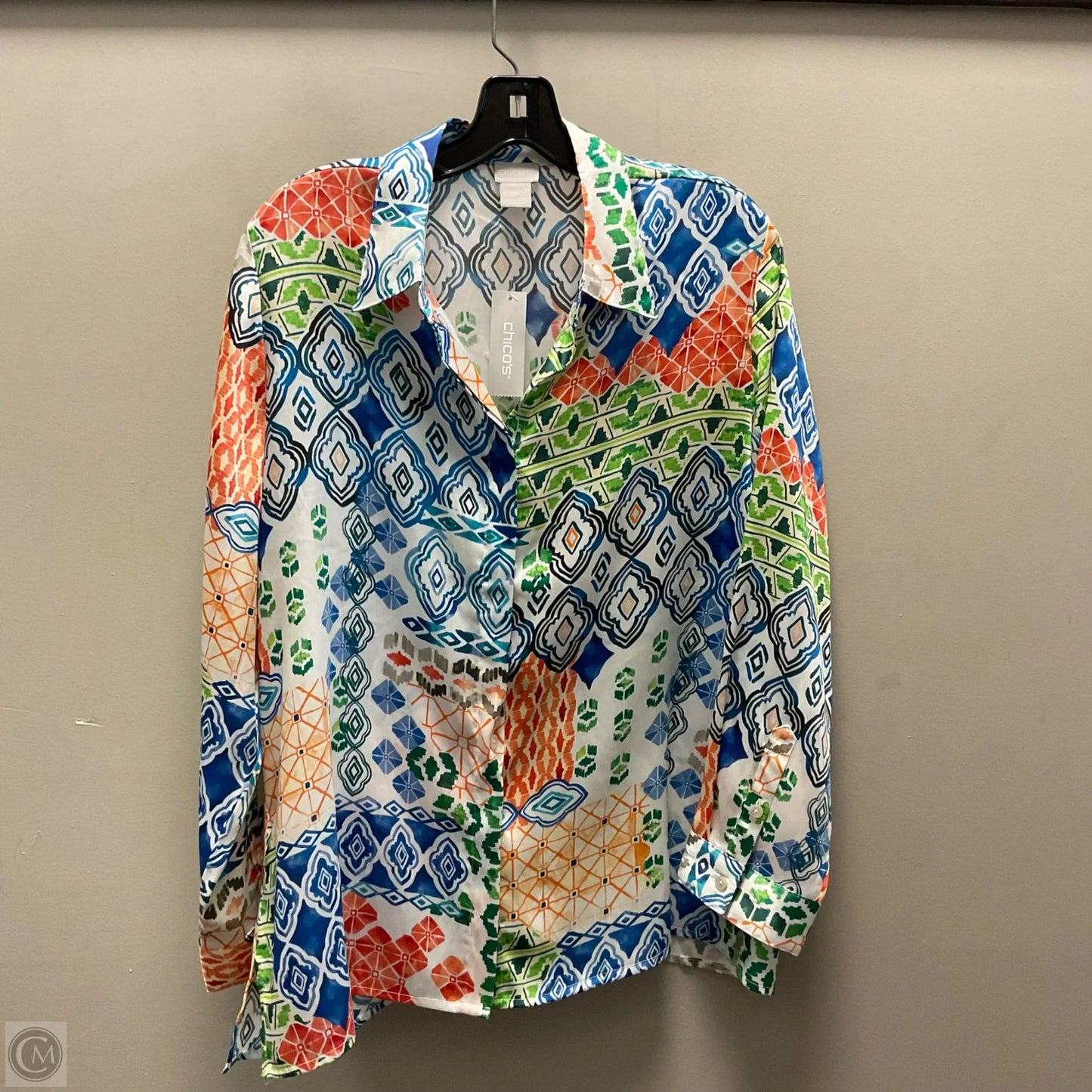 Blouse Long Sleeve By Chicos In Blue & White, Size: L