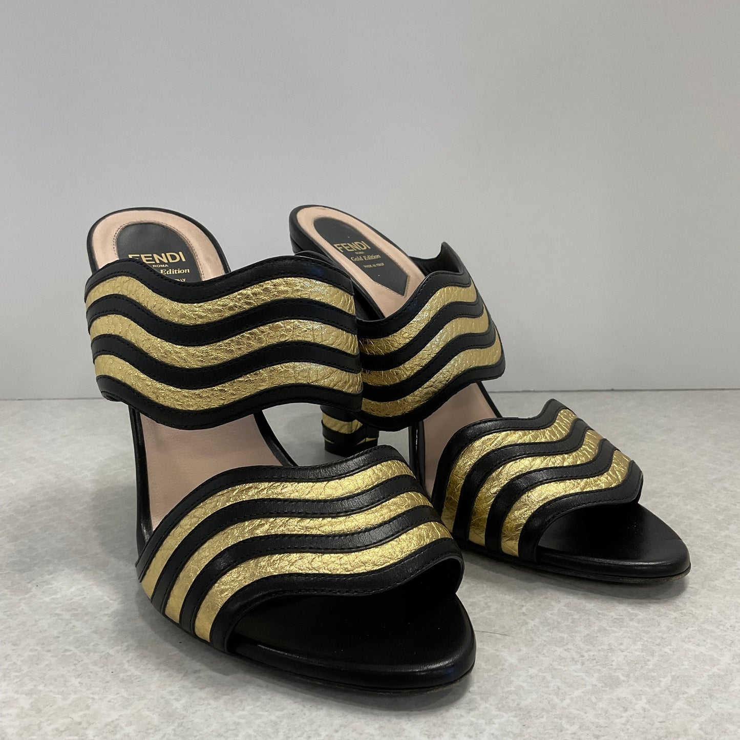 Black & Gold Shoes Luxury Designer Fendi, Size 7.5