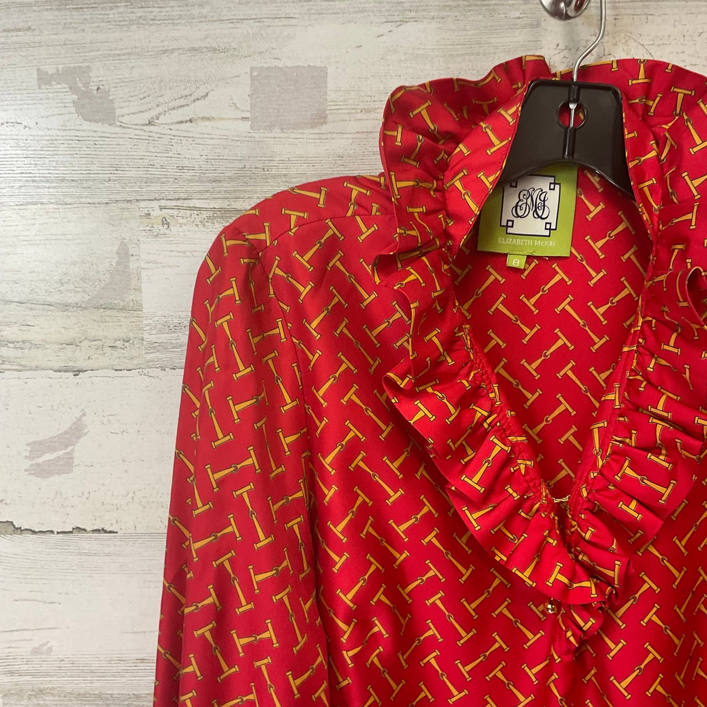 Blouse Long Sleeve By ELIZABETH MCKAY  In Red & Yellow, Size: M