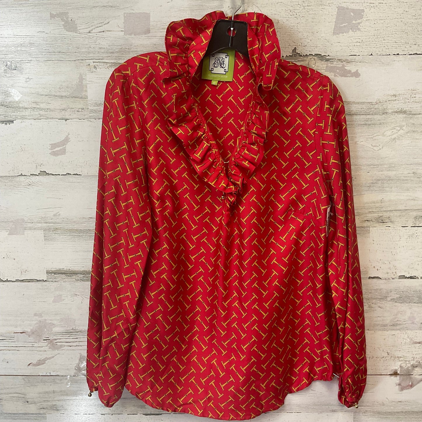 Blouse Long Sleeve By ELIZABETH MCKAY  In Red & Yellow, Size: M