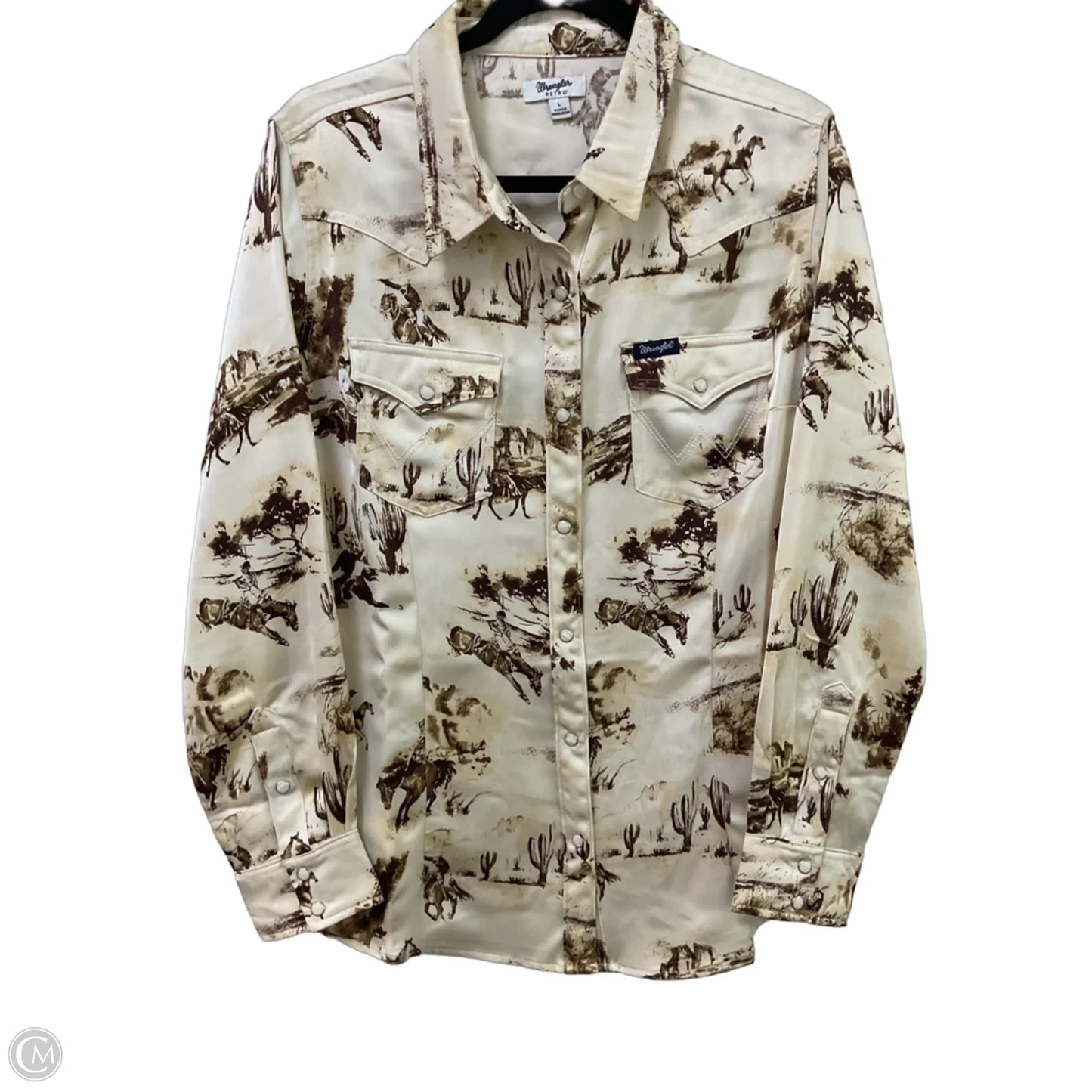 Blouse Long Sleeve By Wrangler In Brown & Cream, Size: L