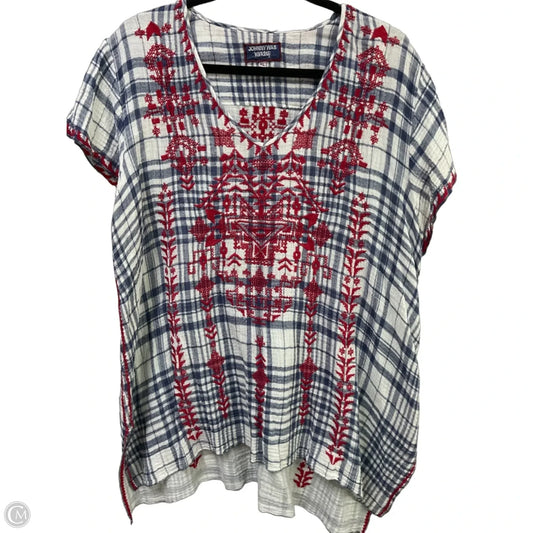Top Short Sleeve Designer By Johnny Was In Blue & Red & White, Size: Xl