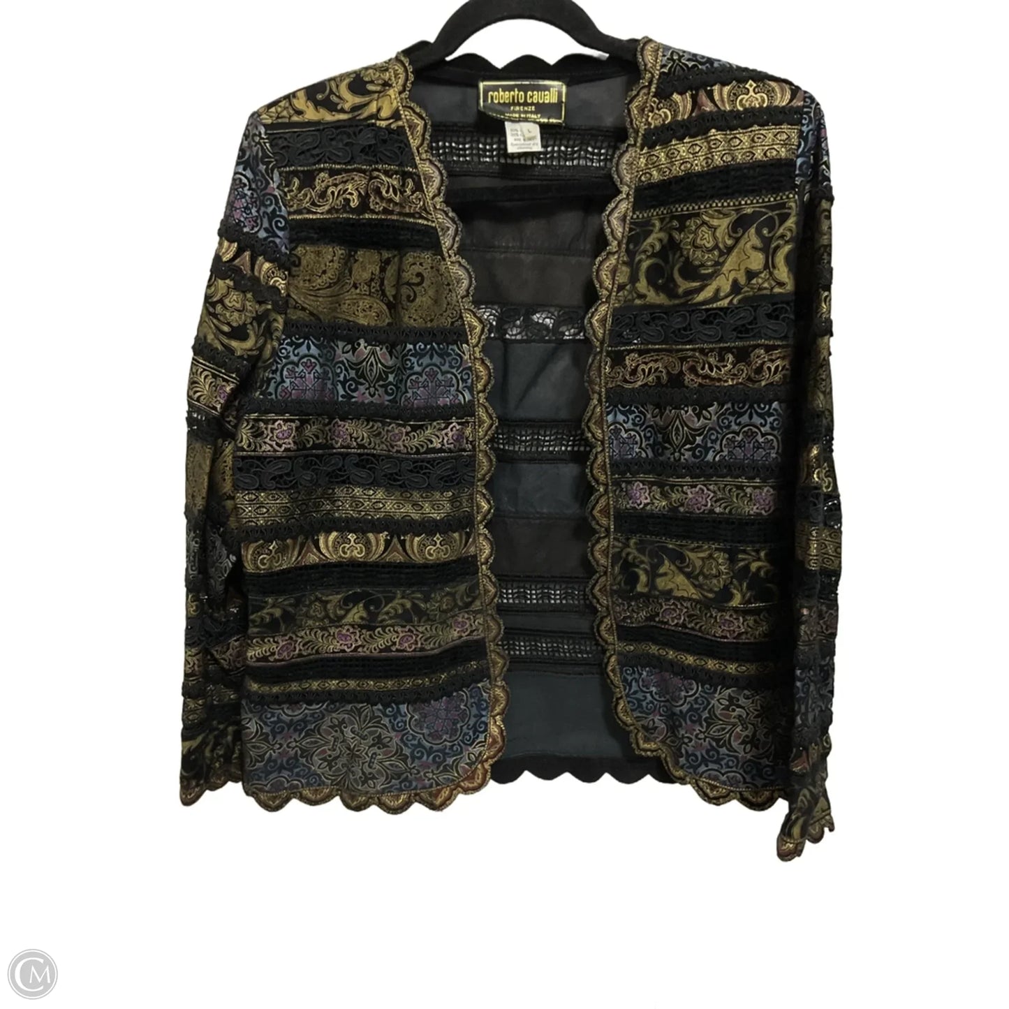 Jacket Designer By Roberto Cavalli In Black & Gold, Size: L