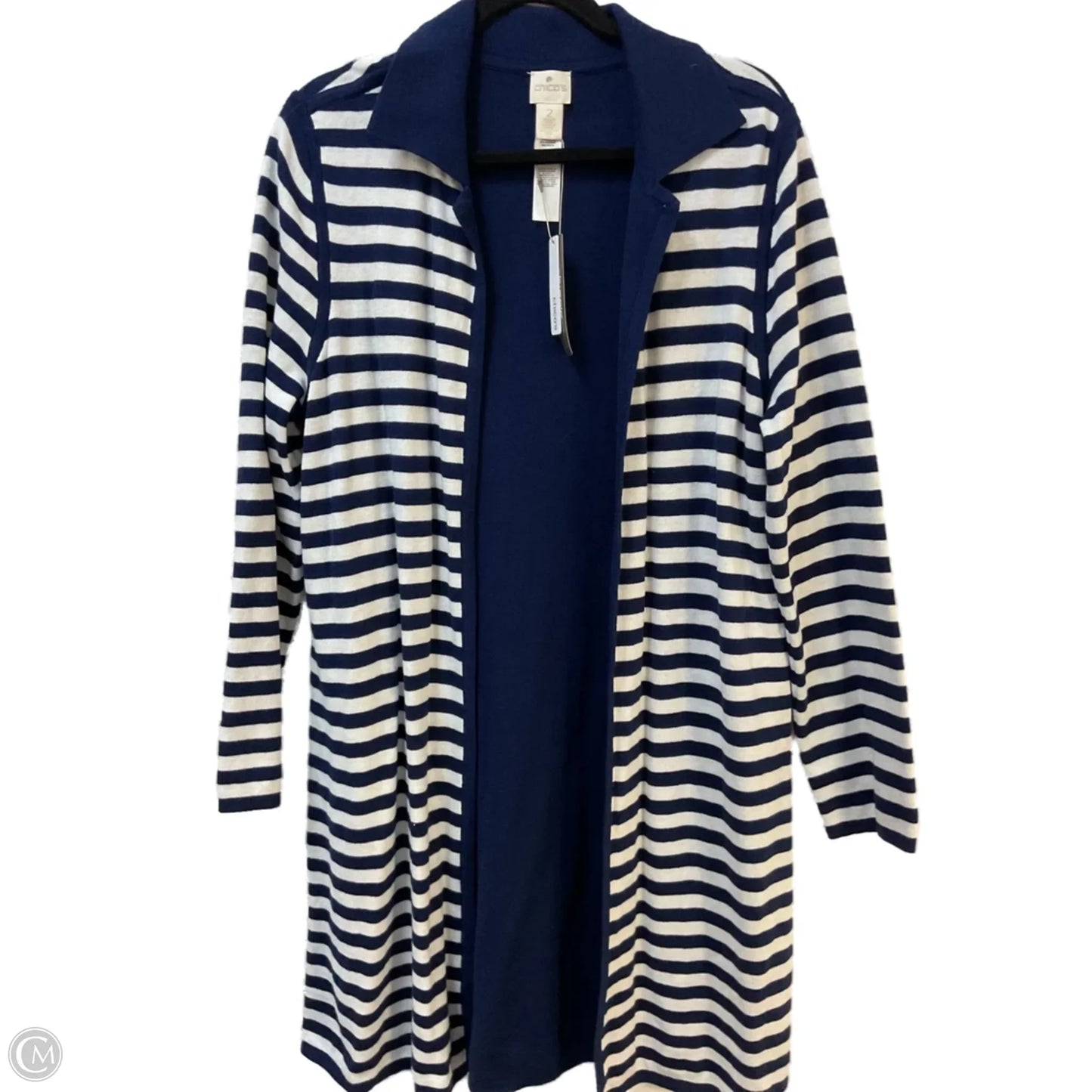 Sweater Cardigan By Chicos In Blue & White, Size: L
