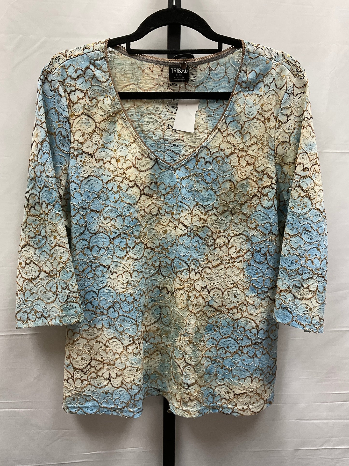 Blue & Brown Top Long Sleeve Tribal, Size Xl