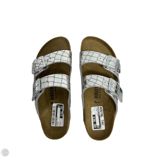 Sandals Flats By Birkenstock In Silver, Size: 9