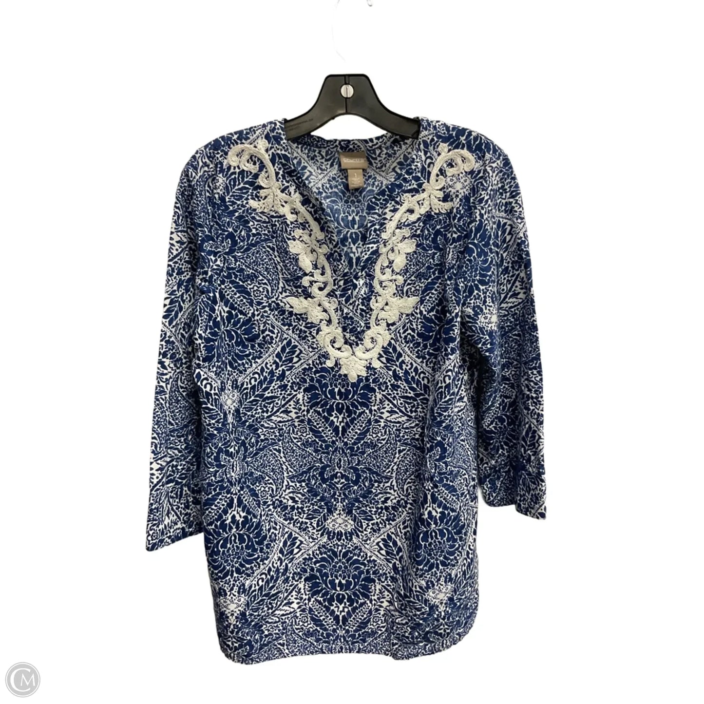 Top Long Sleeve By Chicos In Blue & White, Size: M